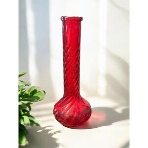 Vintage Ruby Red Glass Bud Vase With Swirl Design